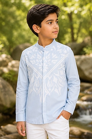 Pale Blue Cotton Satin Applique Embroidered Shirt For Boys by Arun Verma Kids