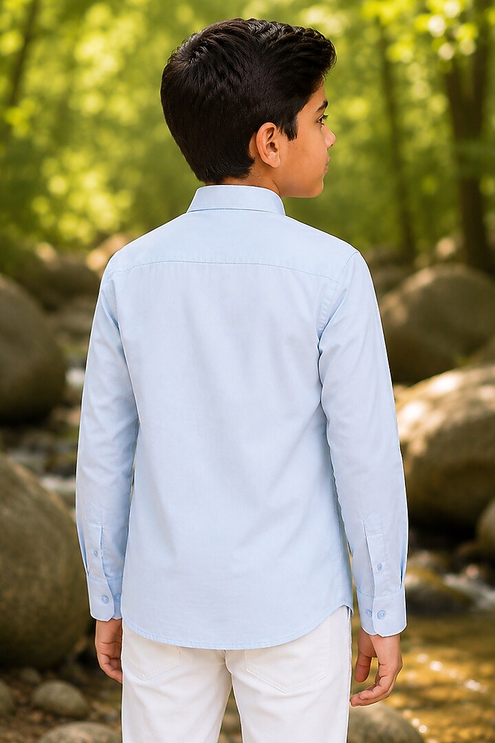 Pale Blue Cotton Satin Applique Embroidered Shirt For Boys by Arun Verma Kids at Pernia's Pop Up Shop