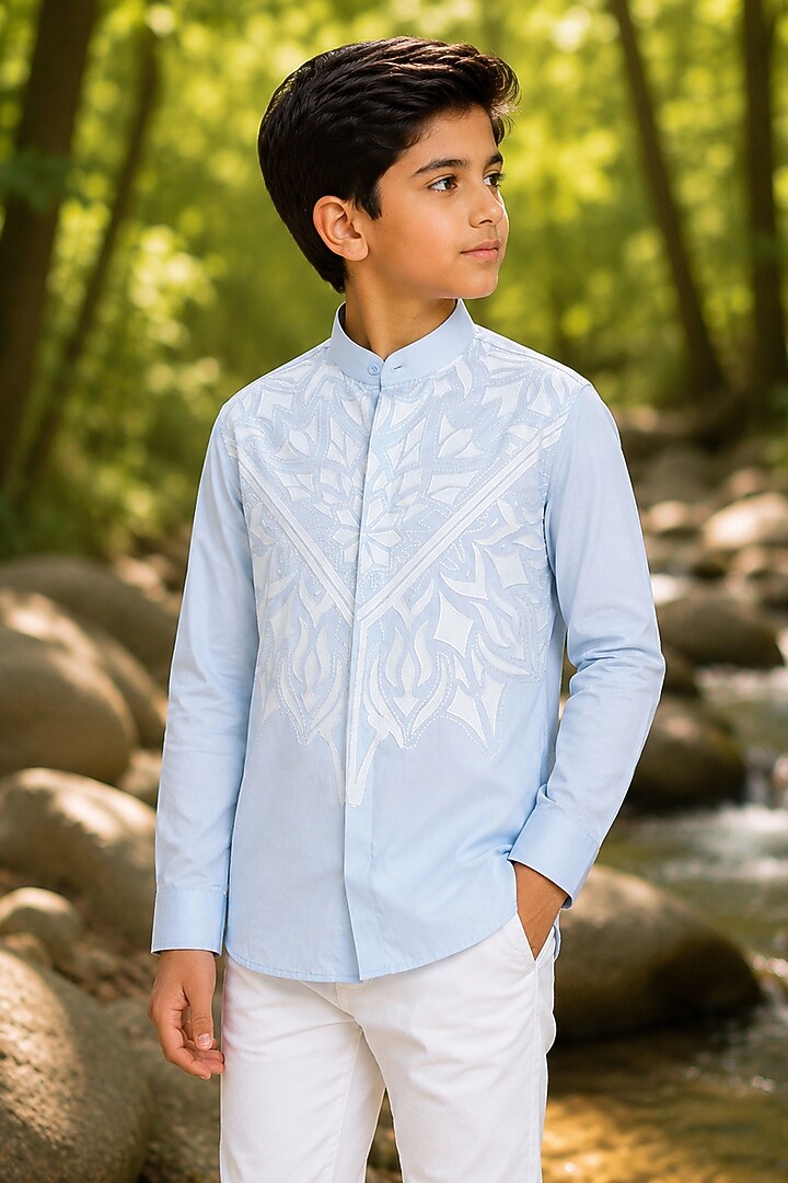 Pale Blue Cotton Satin Applique Embroidered Shirt For Boys by Arun Verma Kids at Pernia's Pop Up Shop