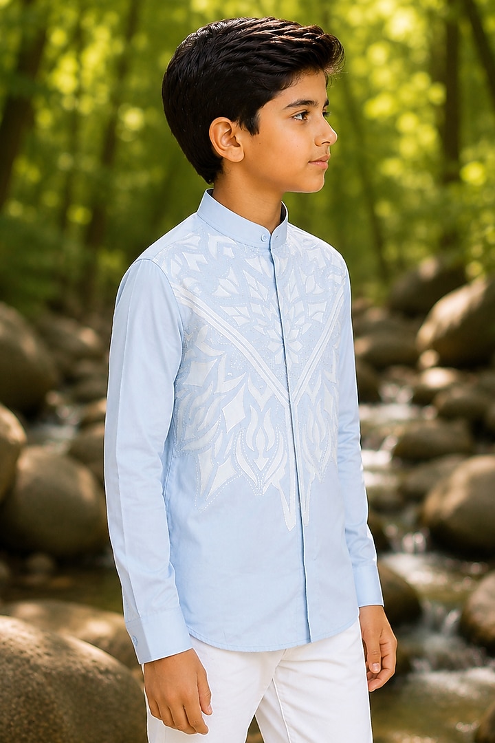 Pale Blue Cotton Satin Applique Embroidered Shirt For Boys by Arun Verma Kids at Pernia's Pop Up Shop