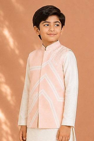 Pink Silk Applique Embroidered Bundi Jacket For Boys by Arun Verma Kids