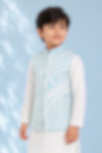 Pale Blue Silk Applique Embroidered Bundi Jacket For Boys by Arun Verma Kids at Pernia's Pop Up Shop