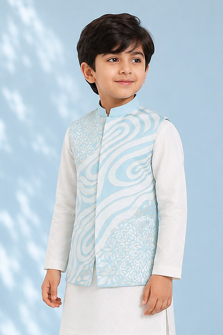 Pale Blue Silk Applique Embroidered Bundi Jacket For Boys by Arun Verma Kids at Pernia's Pop Up Shop