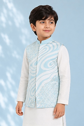 Pale Blue Silk Applique Embroidered Bundi Jacket For Boys by Arun Verma Kids
