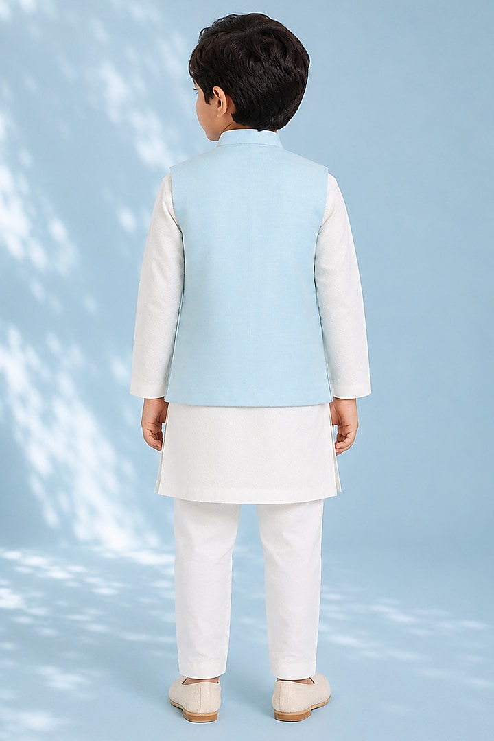 Pale Blue Silk Applique Embroidered Bundi Jacket For Boys by Arun Verma Kids at Pernia's Pop Up Shop