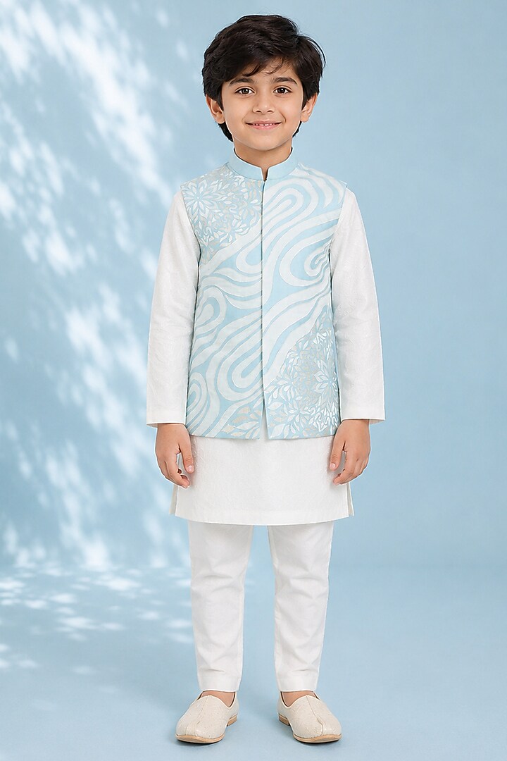 Pale Blue Silk Applique Embroidered Bundi Jacket For Boys by Arun Verma Kids at Pernia's Pop Up Shop