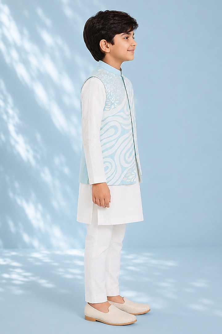 Pale Blue Silk Applique Embroidered Bundi Jacket For Boys by Arun Verma Kids at Pernia's Pop Up Shop