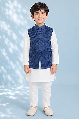 Navy Blue Silk Embroidered Bundi Jacket For Boys by Arun Verma Kids