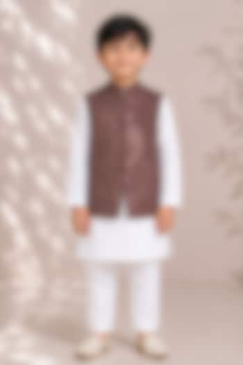 Brown Silk Embroidered Bundi Jacket For Boys by Arun Verma Kids at Pernia's Pop Up Shop