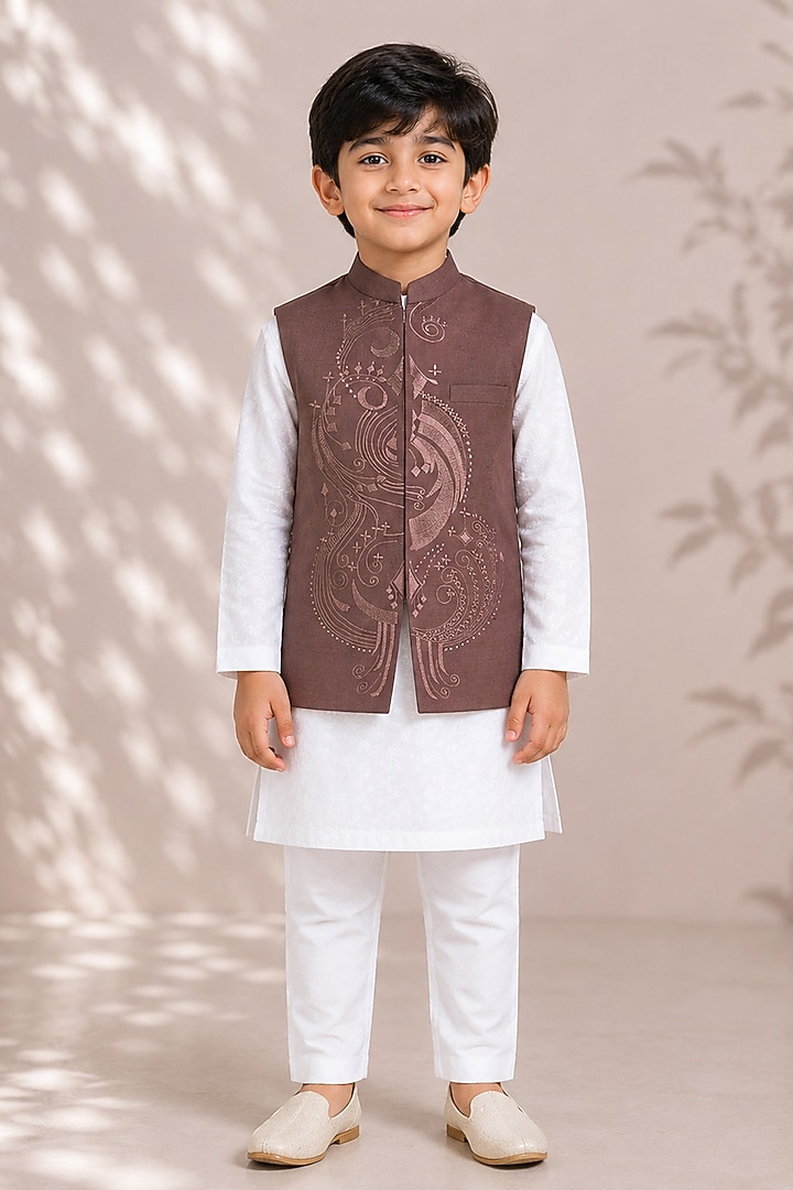 Brown Silk Embroidered Bundi Jacket For Boys by Arun Verma Kids at Pernia's Pop Up Shop