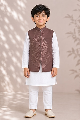 Brown Silk Embroidered Bundi Jacket For Boys by Arun Verma Kids