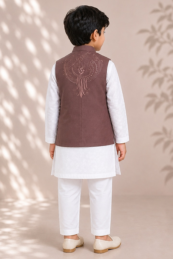 Brown Silk Embroidered Bundi Jacket For Boys by Arun Verma Kids at Pernia's Pop Up Shop