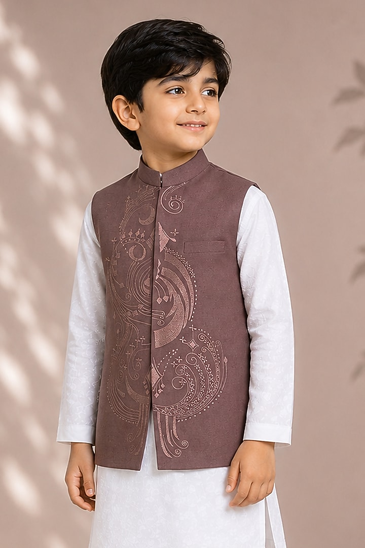 Brown Silk Embroidered Bundi Jacket For Boys by Arun Verma Kids at Pernia's Pop Up Shop