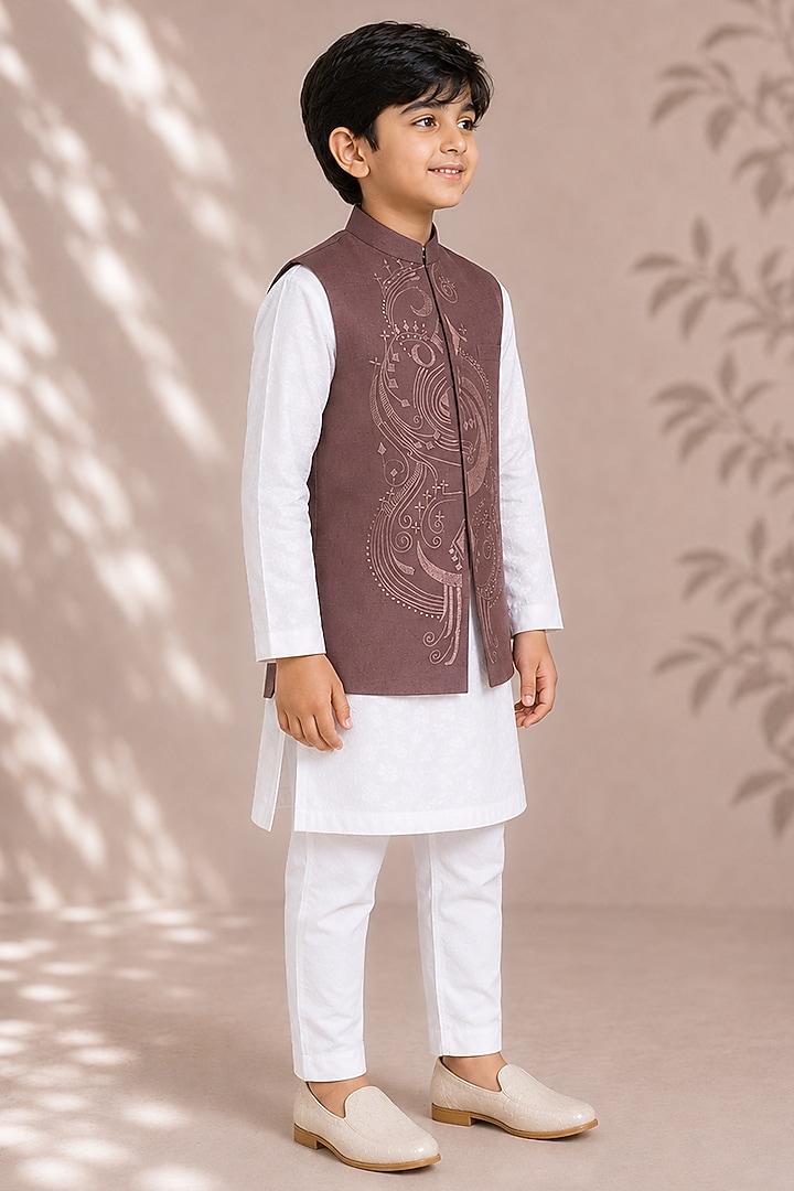 Brown Silk Embroidered Bundi Jacket For Boys by Arun Verma Kids at Pernia's Pop Up Shop