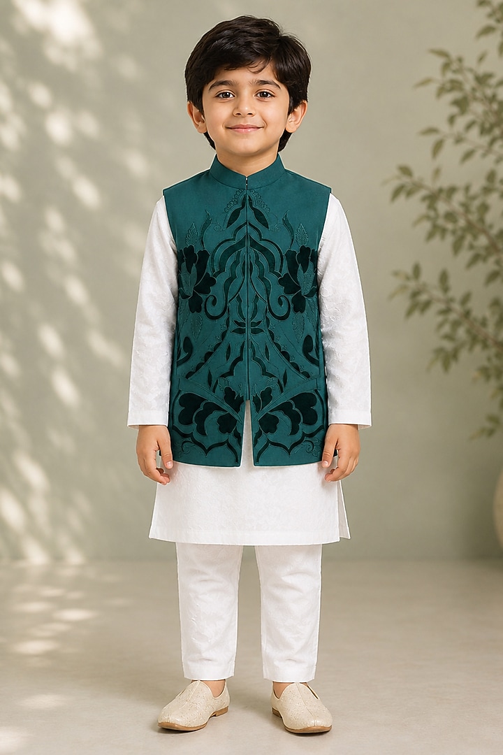 Green Silk Embroidered Bundi Jacket For Boys by Arun Verma Kids at Pernia's Pop Up Shop