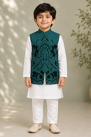 Green Silk Embroidered Bundi Jacket For Boys by Arun Verma Kids