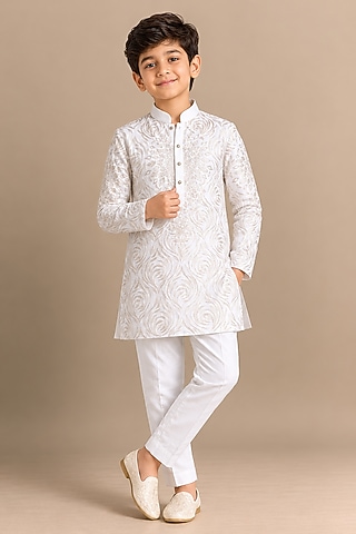 Ivory Silk Embroidered Kurta For Boys by Arun Verma Kids