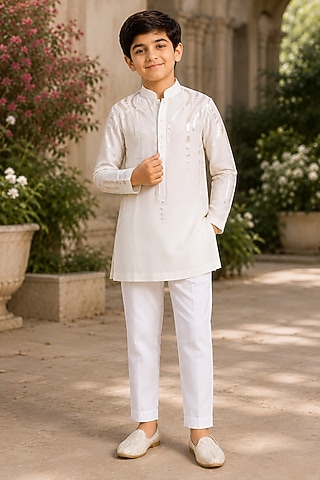 Ivory Silk Applique Embroidered Kurta For Boys by Arun Verma Kids