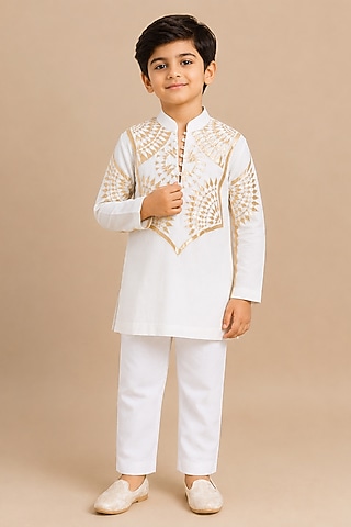 Ivory Silk Applique Embroidered Kurta For Boys by Arun Verma Kids