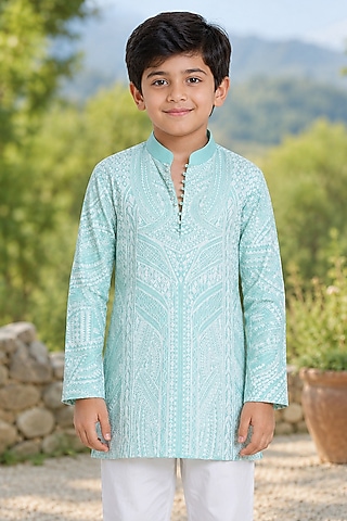 Jade Green Silk Embroidered Kurta For Boys by Arun Verma Kids