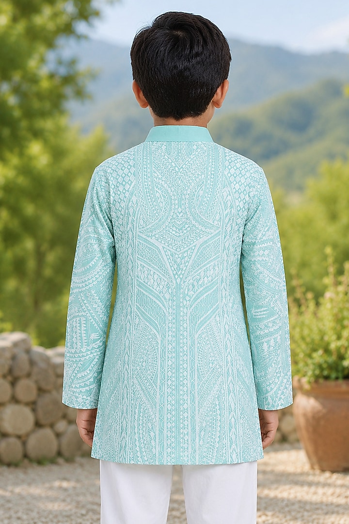Jade Green Silk Embroidered Kurta For Boys by Arun Verma Kids at Pernia's Pop Up Shop