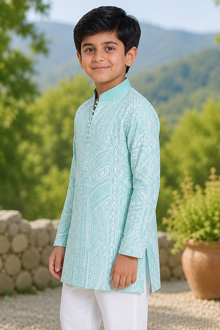 Jade Green Silk Embroidered Kurta For Boys by Arun Verma Kids at Pernia's Pop Up Shop
