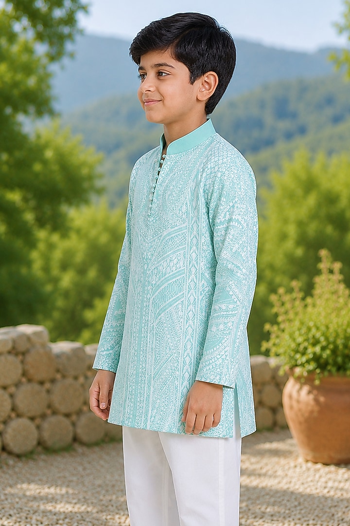 Jade Green Silk Embroidered Kurta For Boys by Arun Verma Kids at Pernia's Pop Up Shop