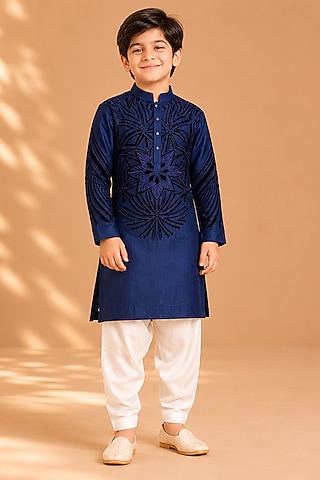 Navy Blue Silk Embroidered Kurta For Boys by Arun Verma Kids