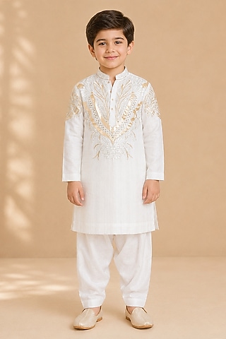 Ivory Silk Applique Embroidered Kurta For Boys by Arun Verma Kids