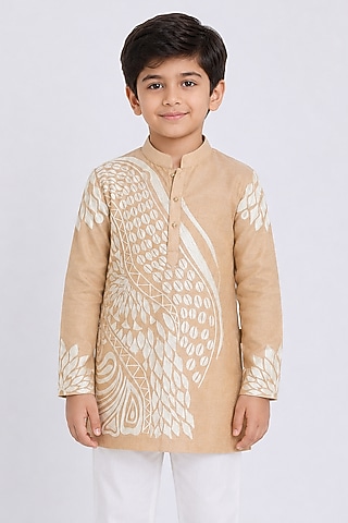 Gold Tissue Resham Embroidered Kurta For Boys by Arun Verma Kids
