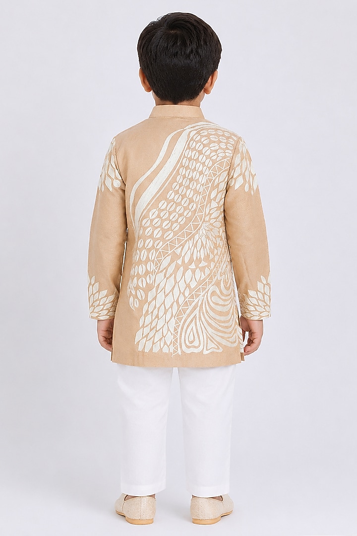 Gold Tissue Resham Embroidered Kurta For Boys by Arun Verma Kids at Pernia's Pop Up Shop