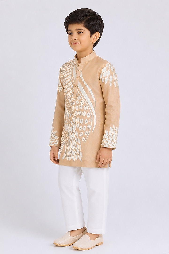 Gold Tissue Resham Embroidered Kurta For Boys by Arun Verma Kids at Pernia's Pop Up Shop