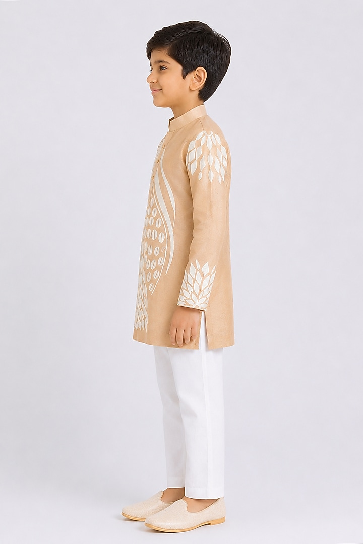 Gold Tissue Resham Embroidered Kurta For Boys by Arun Verma Kids at Pernia's Pop Up Shop