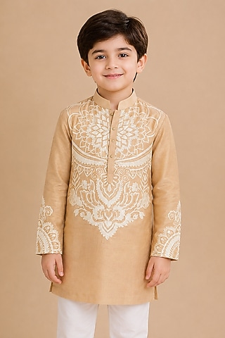 Gold Tissue Resham Embroidered Kurta For Boys by Arun Verma Kids