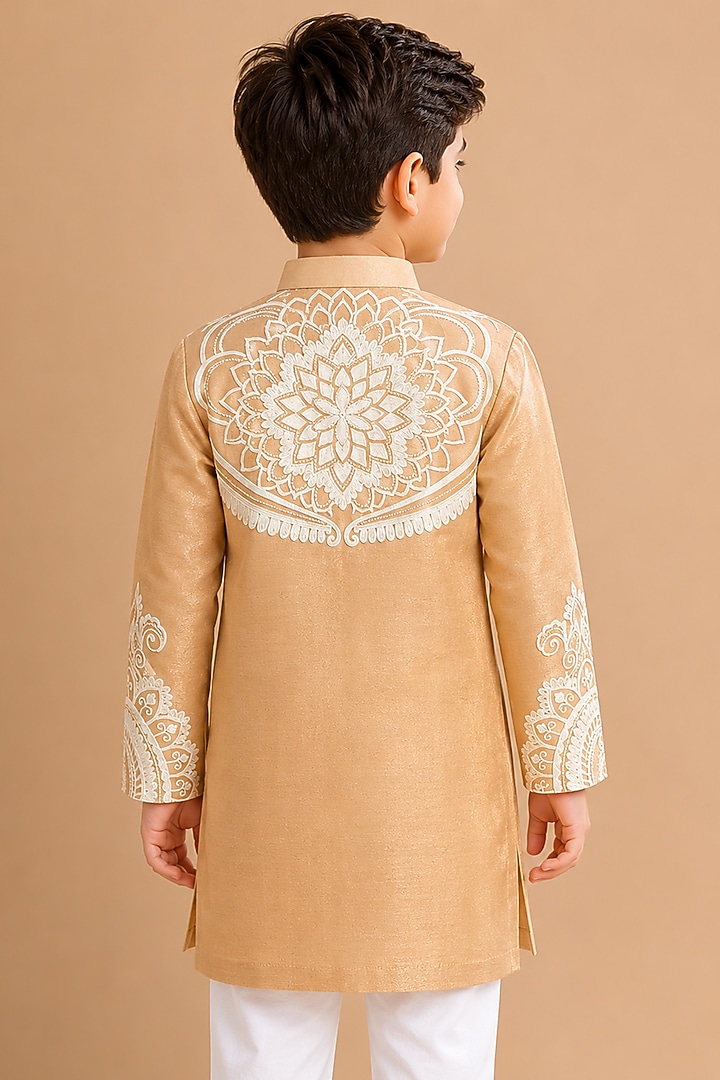 Gold Tissue Resham Embroidered Kurta For Boys by Arun Verma Kids at Pernia's Pop Up Shop