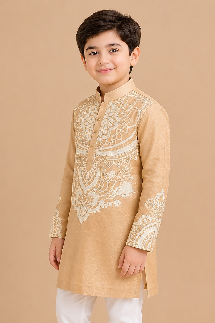 Gold Tissue Resham Embroidered Kurta For Boys by Arun Verma Kids at Pernia's Pop Up Shop
