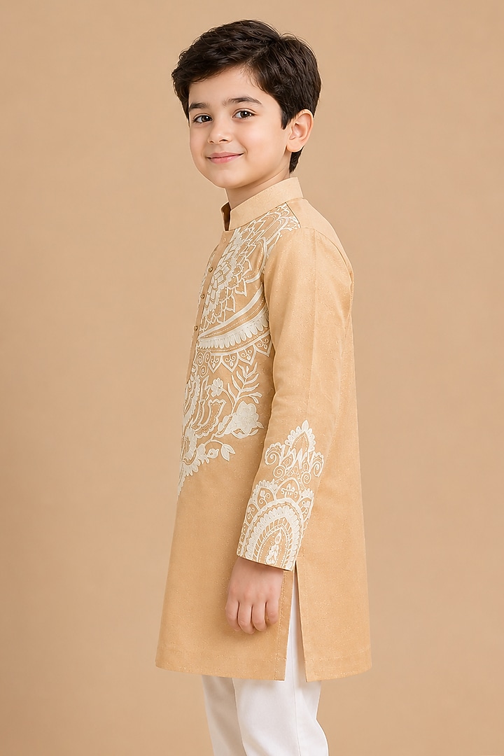 Gold Tissue Resham Embroidered Kurta For Boys by Arun Verma Kids at Pernia's Pop Up Shop