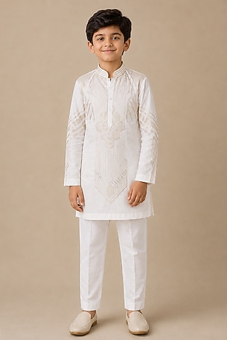Ivory Silk Embroidered Kurta For Boys by Arun Verma Kids