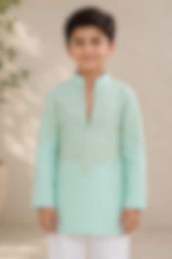 Jade Green Silk Embroidered Kurta For Boys by Arun Verma Kids at Pernia's Pop Up Shop