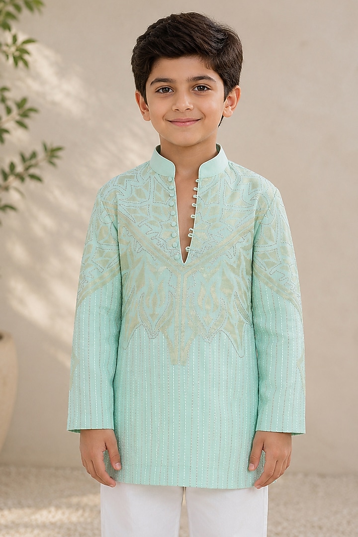Jade Green Silk Embroidered Kurta For Boys by Arun Verma Kids at Pernia's Pop Up Shop