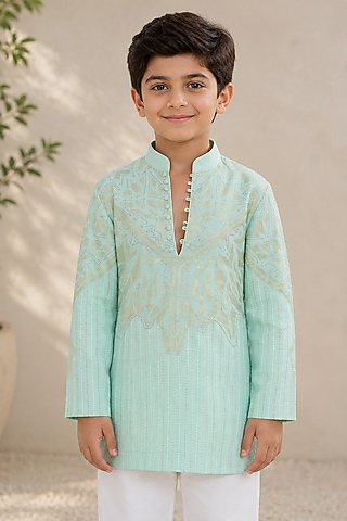 Jade Green Silk Embroidered Kurta For Boys by Arun Verma Kids