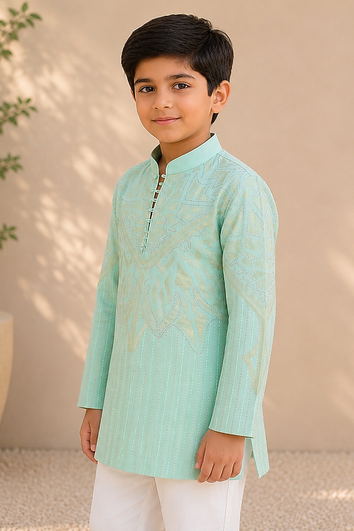 Jade Green Silk Embroidered Kurta For Boys by Arun Verma Kids at Pernia's Pop Up Shop