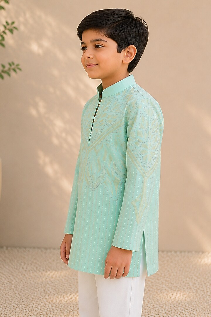 Jade Green Silk Embroidered Kurta For Boys by Arun Verma Kids at Pernia's Pop Up Shop