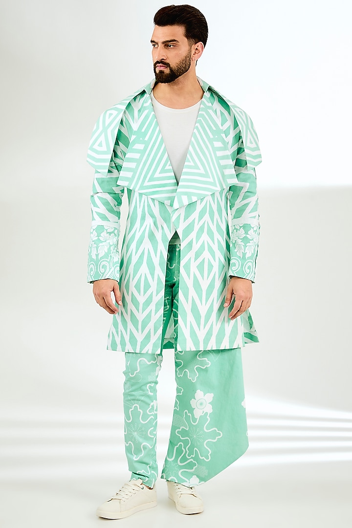 Green Twill Digital Printed Trench Coat by Arun Verma