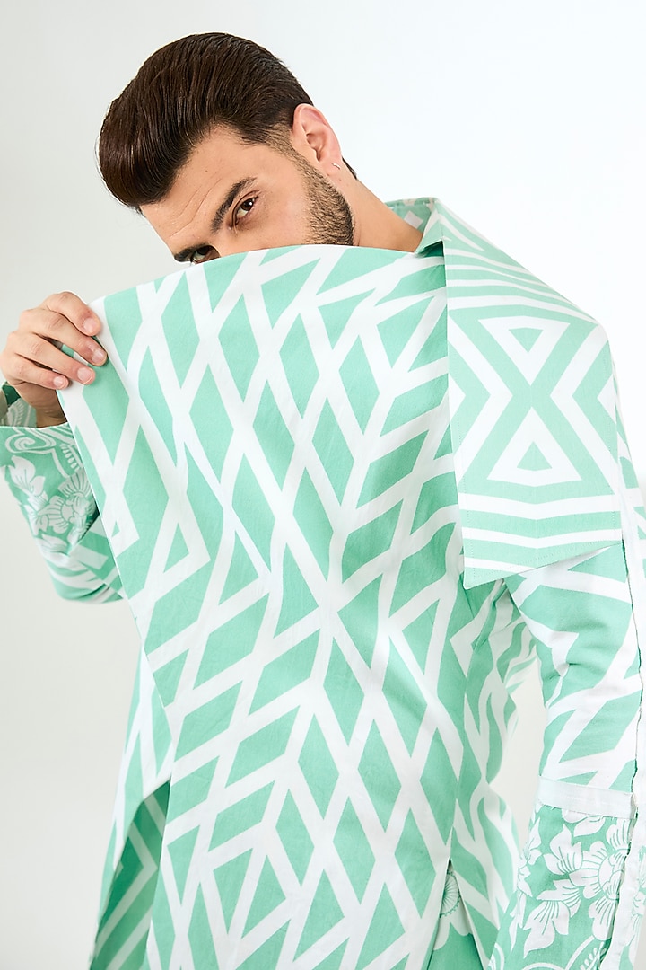 Green Twill Digital Printed Trench Coat by Arun Verma at Pernia's Pop Up Shop