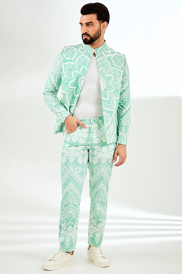 Green Twill Digital Printed Jacket Set by Arun Verma