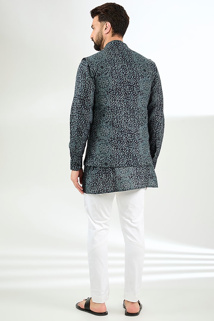Black Linen Digital Printed Bundi Jacket With Kurta by Arun Verma at Pernia's Pop Up Shop