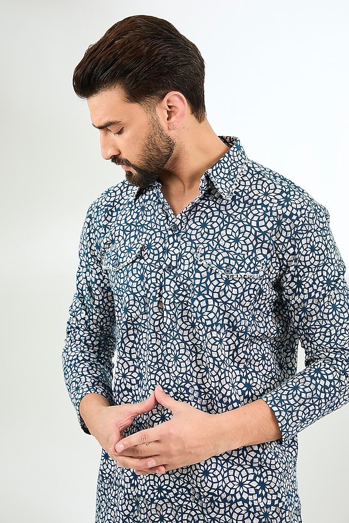 Blue Linen Digital Printed Co-Ord Set by Arun Verma at Pernia's Pop Up Shop