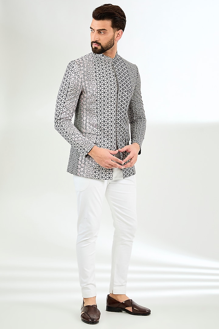 Black Silk Digital Printed Wedding Bandhgala by Arun Verma at Pernia's Pop Up Shop