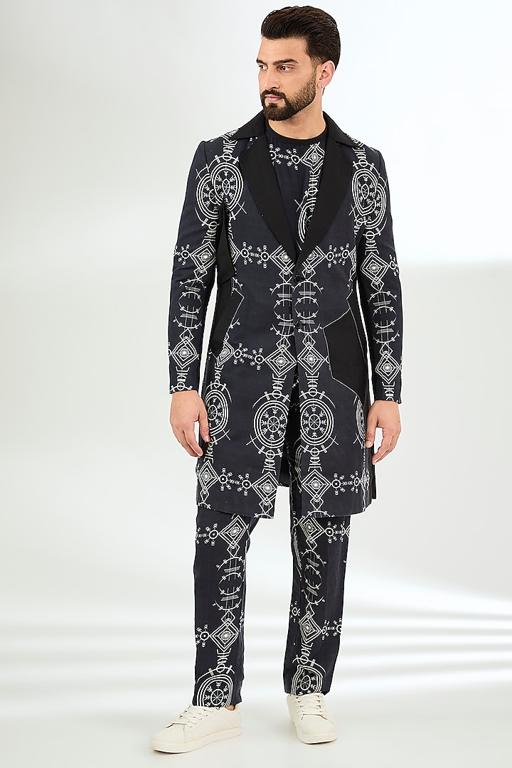 Black Linen Digital Printed Jacket Set by Arun Verma